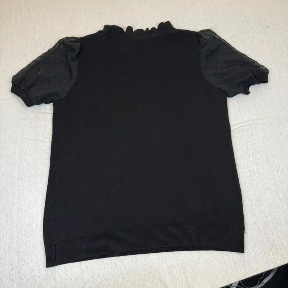 Adrianna Papell Black Mock Neck Puff Sleeve Sheer Dot Sweater Top Size S - Picture 2 of 5